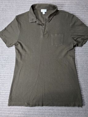 Sunspel Olive Green Short Sleeve Pique Polo with Chest Pocket